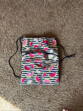 thirty-one Navy + White Striped Drawstring Bag with Pink Watermelon Print